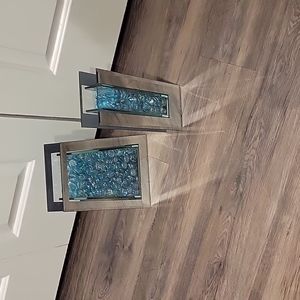 Two elongated Unique Clear and Silver Vases w/ Torquoise Glass Beads..